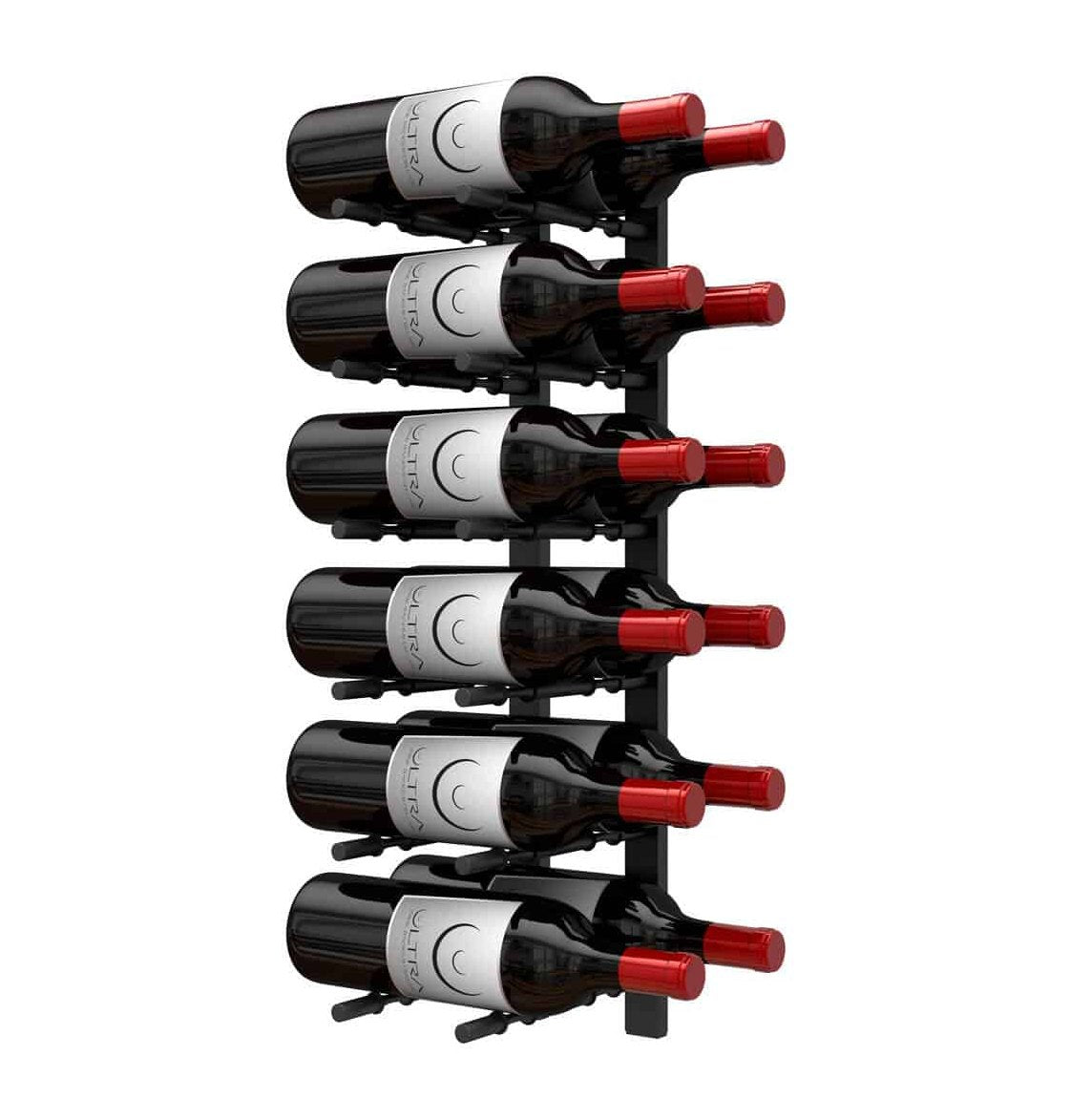 Wall-mounted wine bottle peg rack with multiple dark bottles and red corks