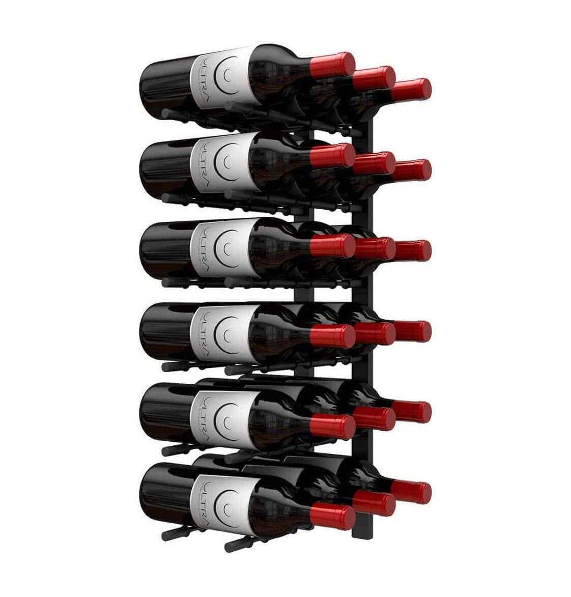 Wine peg wall rails featuring black holders with red-capped pegs