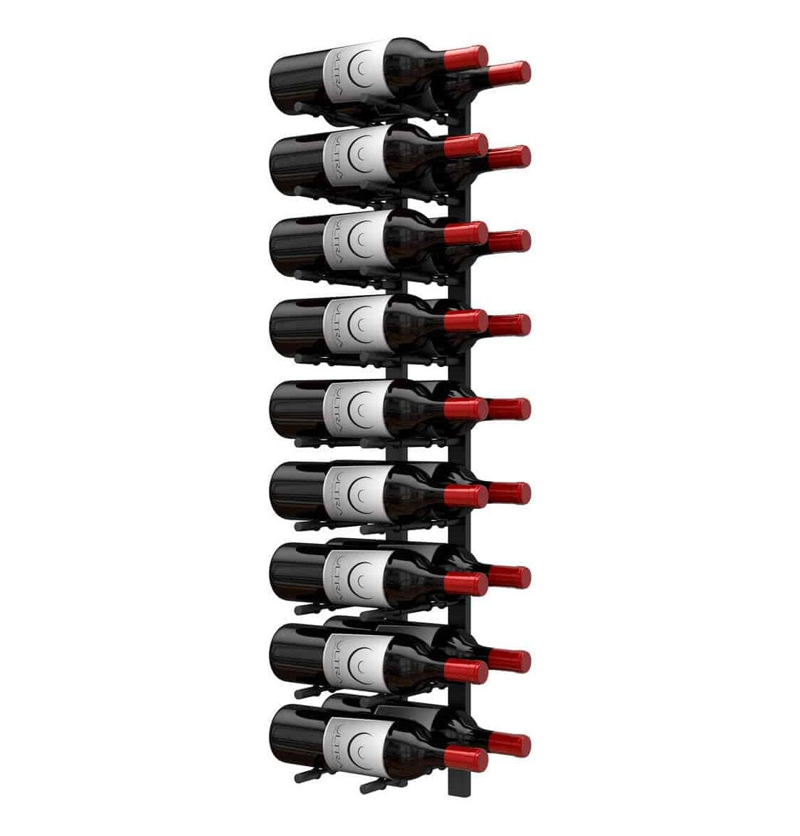 Wine peg wall rails with stacked black holders and red-capped pegs