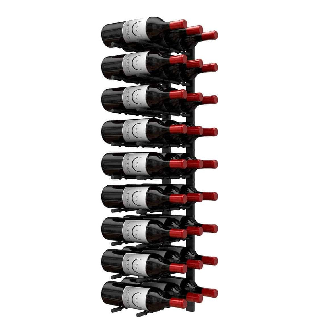 Wine peg wall rails with multiple black wine holders and red peg ends