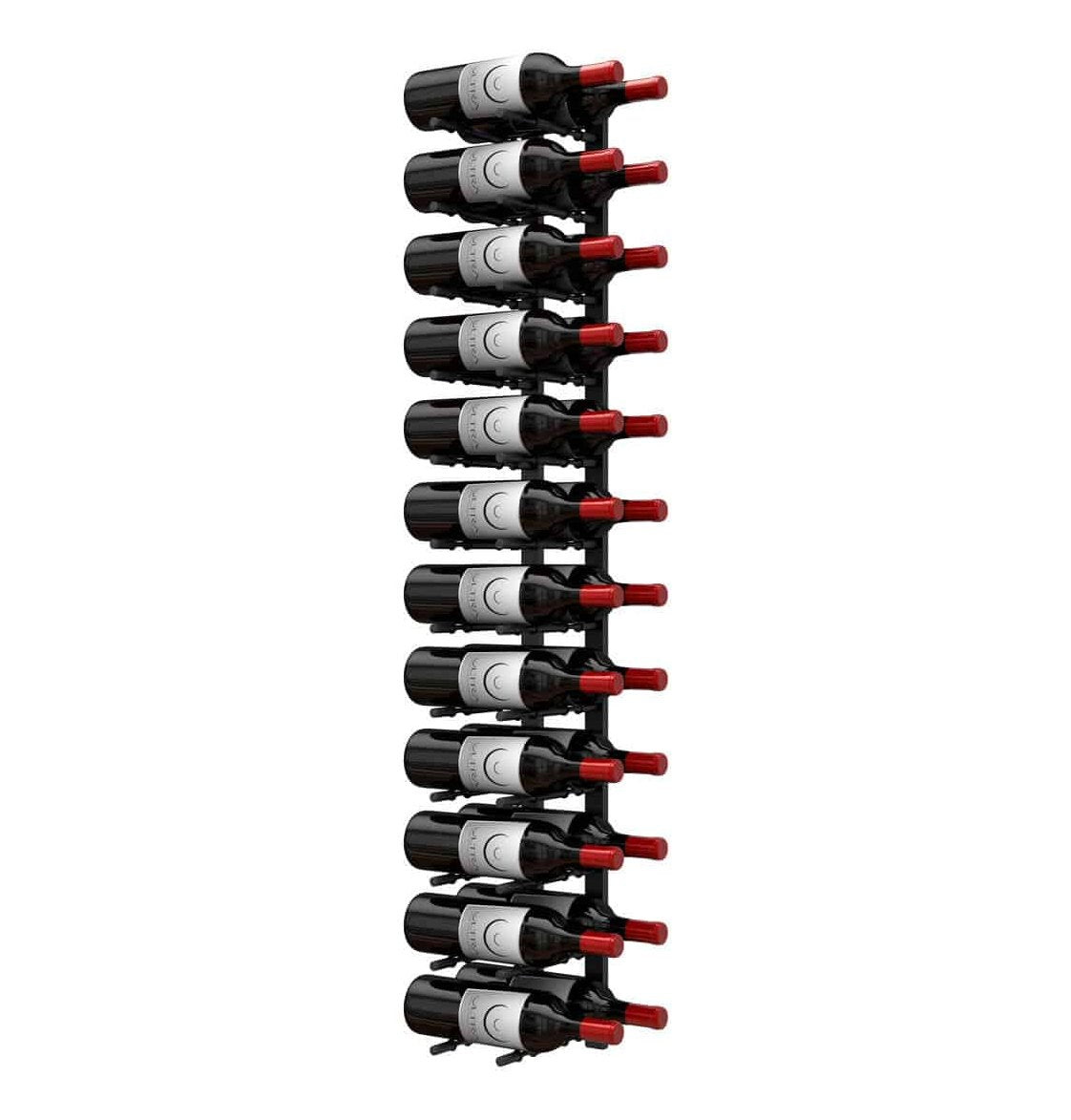 Wall-mounted wine bottle peg rack holding dark bottles with red corks