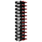 Wall-mounted wine bottle peg rack holding multiple dark bottles with red corks