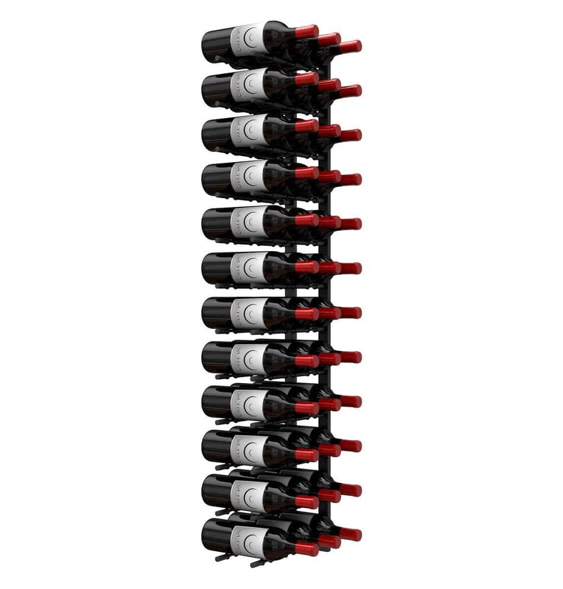 Wall-mounted wine bottle peg rack holding multiple dark bottles with red corks