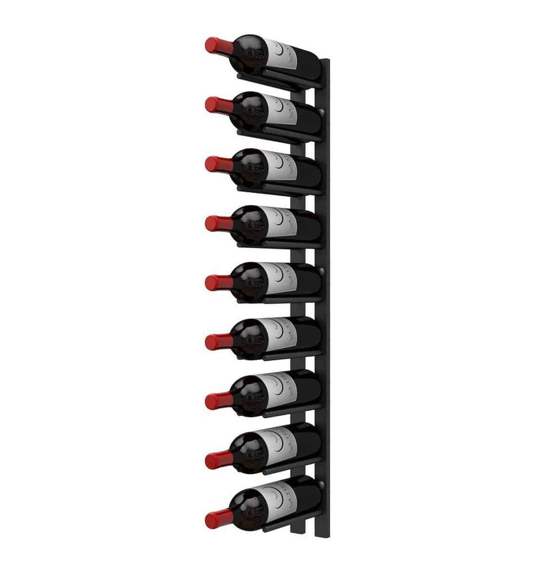 Black wall-mounted wine rack rail with multiple cork-out bottle pegs and dark bottles
