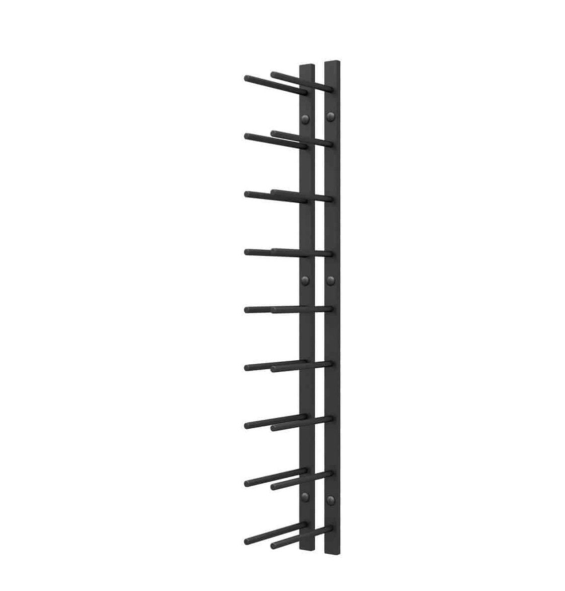 Black vertical wall wine rack rail with metal peg arms for cork-out bottles