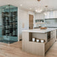 Wall wine rack display with black peg rails holding cork-out wine bottles