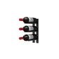 Black wall-mounted wine rack rail with several cork-out bottle pegs and bottles