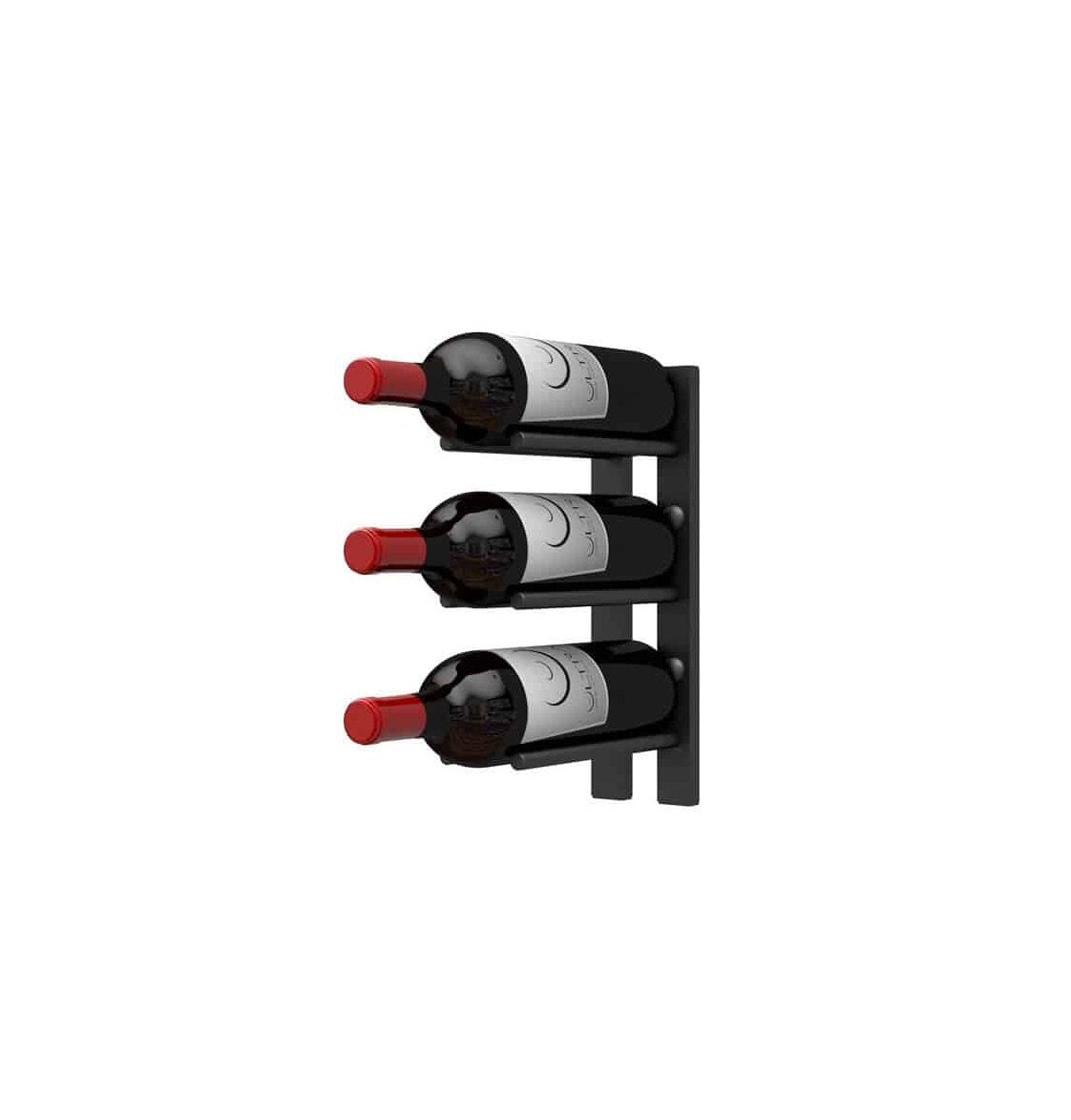 Black wall-mounted wine rack rail with several cork-out bottle pegs and bottles