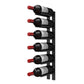 Black wall wine rack rail with cork-out wine bottles and metal peg supports