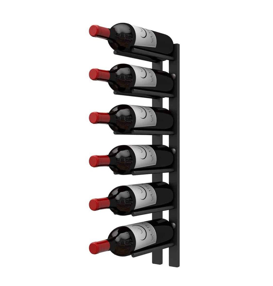 Black wall wine rack rail with cork-out wine bottles and metal peg supports