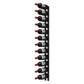 Black wall wine rack rail holding multiple cork-out wine bottles with red bottle tips