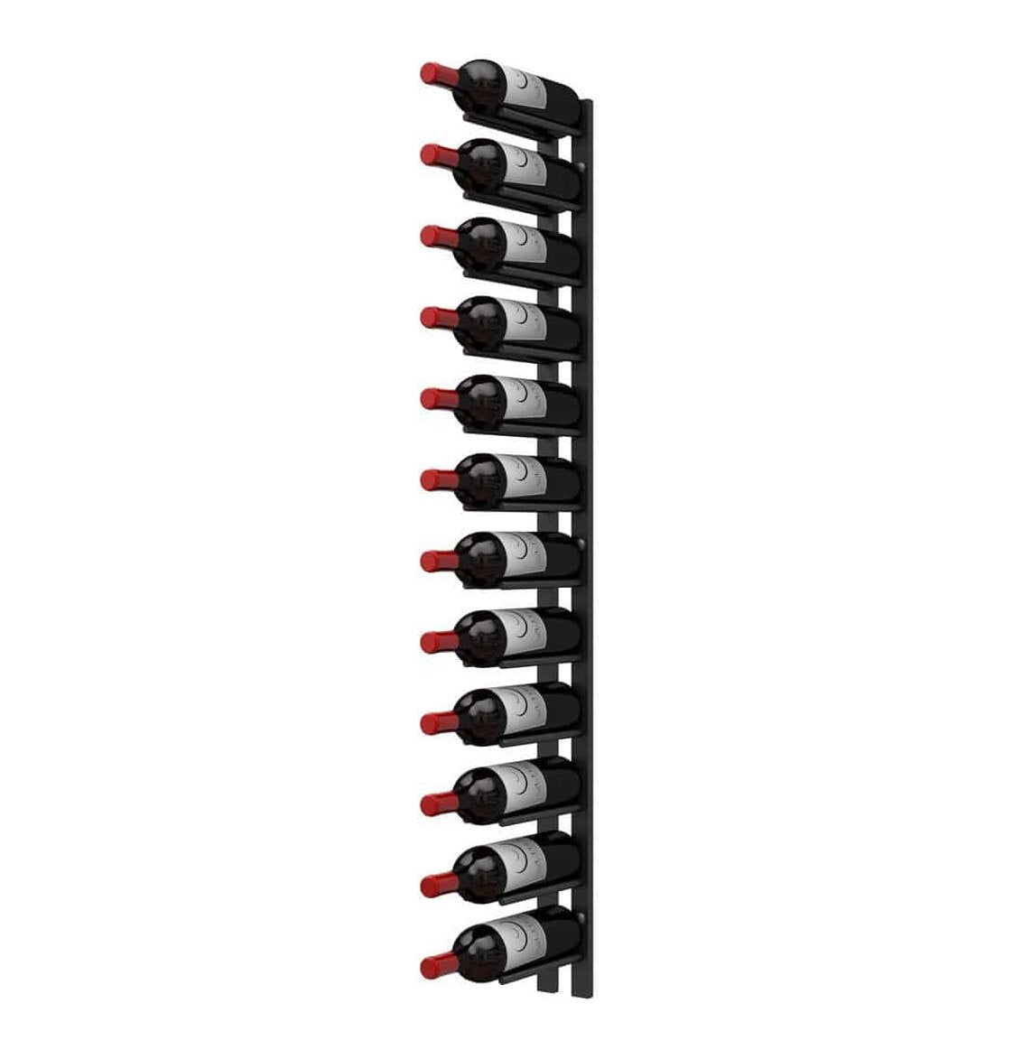 Black wall wine rack rail holding multiple cork-out wine bottles with red bottle tips