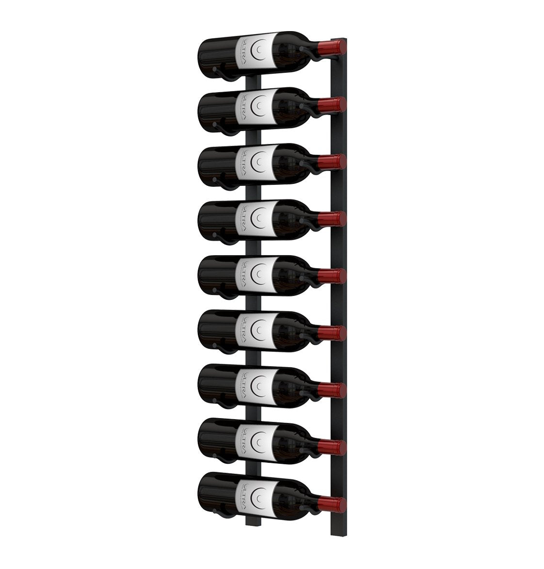 Wall-mounted metal wine rack with multiple wine bottles and red bottle supports