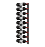 Wall-mounted metal wine rack with multiple wine bottles and red bottle supports