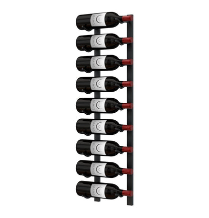 Wall-mounted metal wine rack with multiple wine bottles and red bottle supports