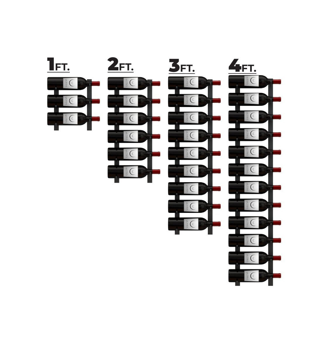 Wall-mounted wine rack layout showing 1 ft to 4 ft bottle capacity