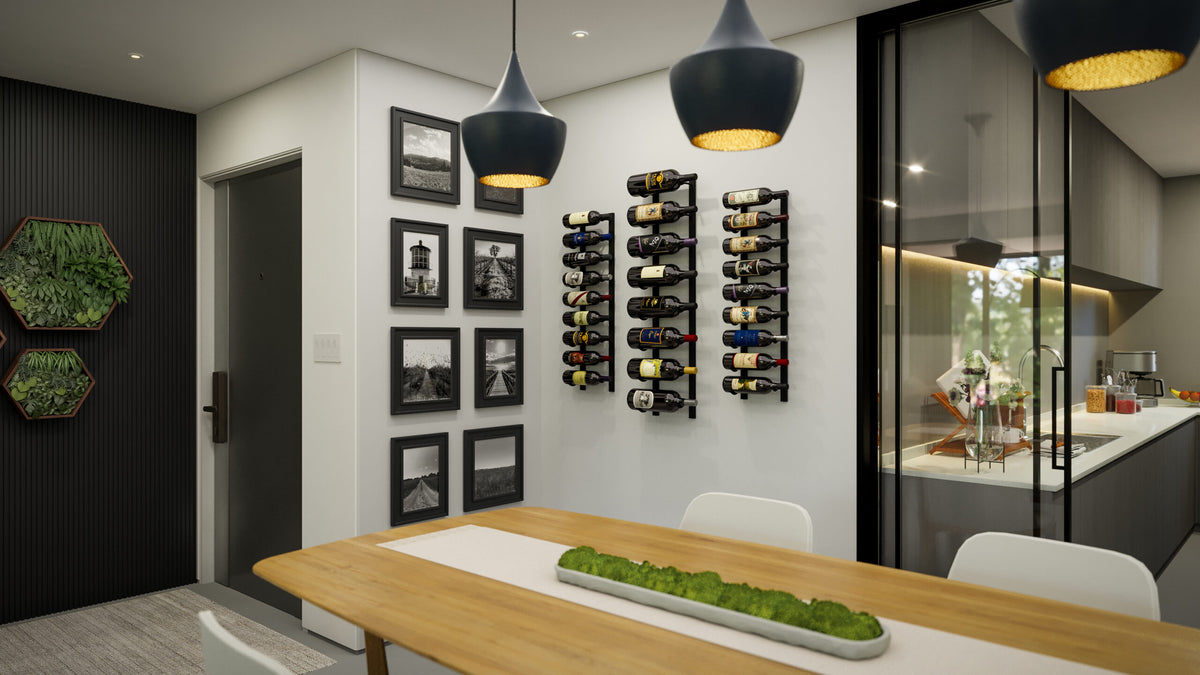 Wall-mounted metal wine rack with multiple rows of dark wine bottles on wall mounts