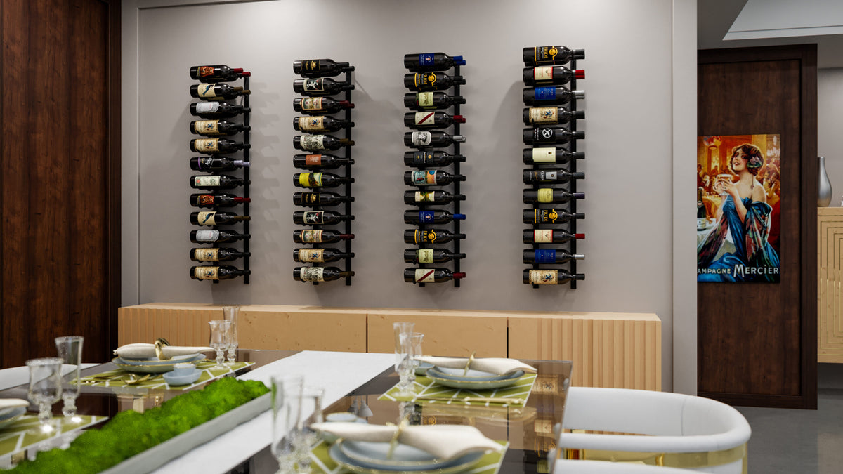 Wall-mounted metal wine rack with several vertical sections holding dark wine bottles