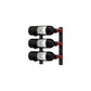 Wall-mounted metal wine rack holding three wine bottles with red supports