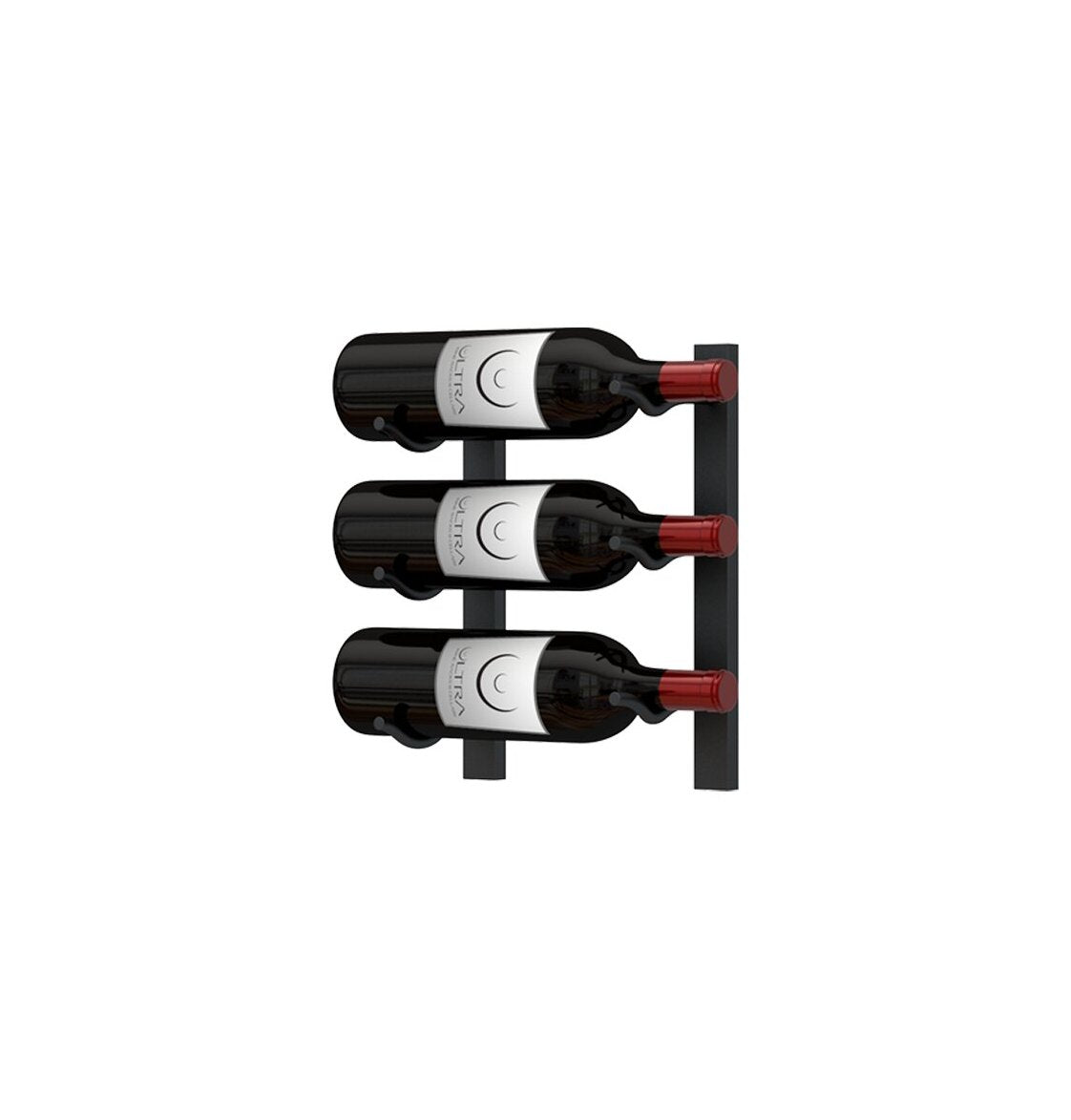 Wall-mounted metal wine rack holding three wine bottles with red supports