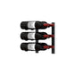 Wall-mounted metal wine rack holding three wine bottles with red support pegs