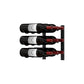 Wall-mounted metal wine rack holding three wine bottles with red bottle pegs