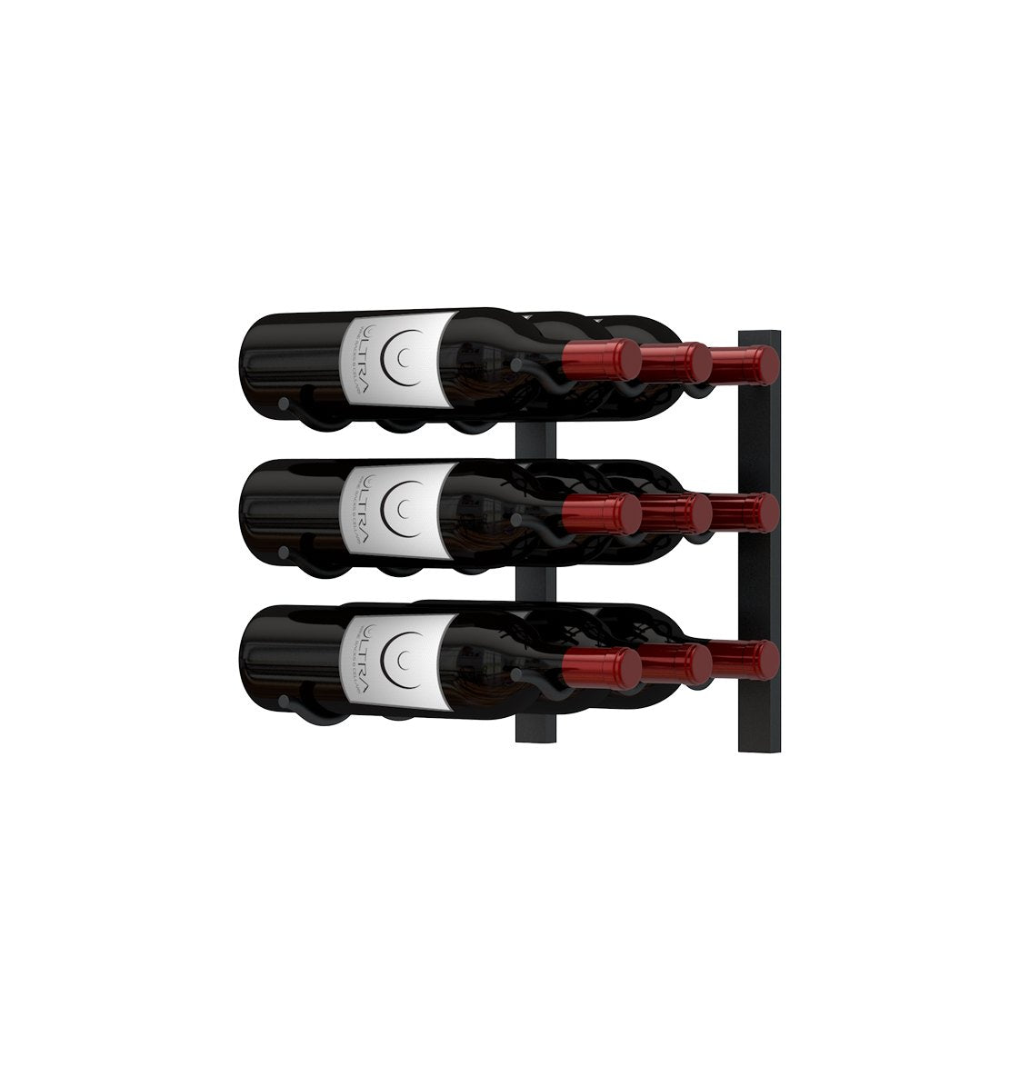 Wall-mounted metal wine rack holding three wine bottles with red bottle pegs