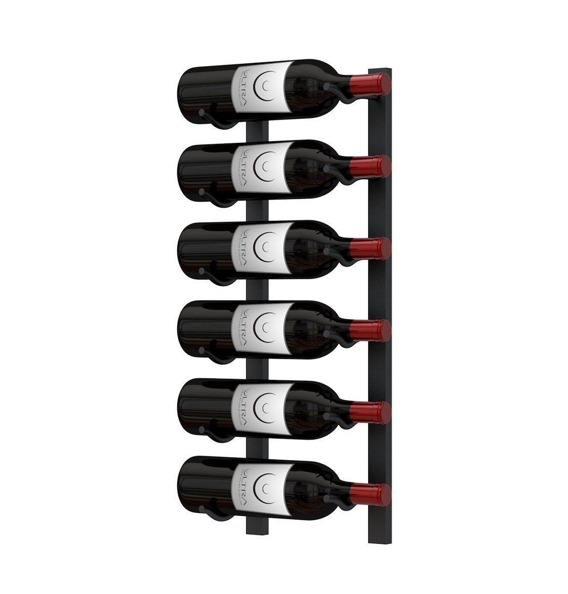Wall-mounted metal wine rack holding six wine bottles with red supports
