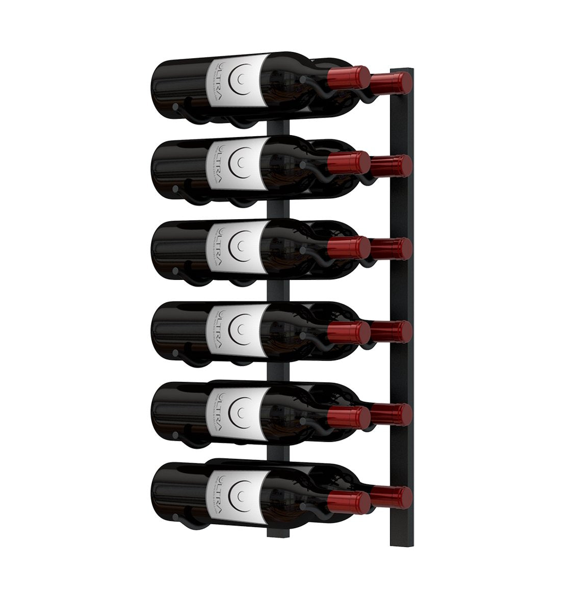 Wall-mounted metal wine rack holding five wine bottles with red bottle supports