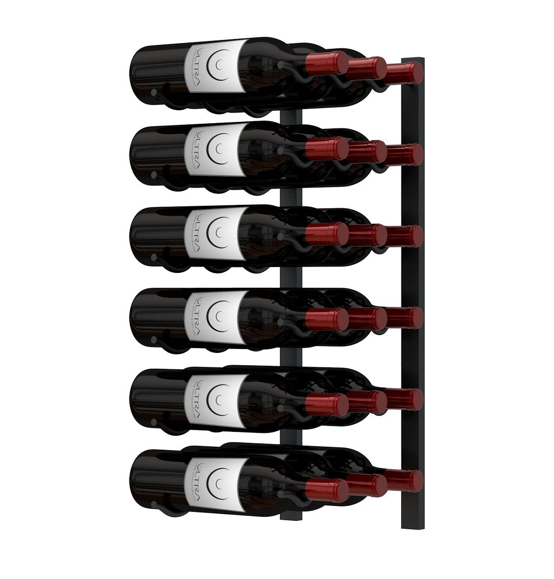 Wall-mounted metal wine rack holding dark wine bottles with visible labels and red corks