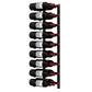 Wall-mounted metal wine rack with dark wine bottles and red corks, single-column display