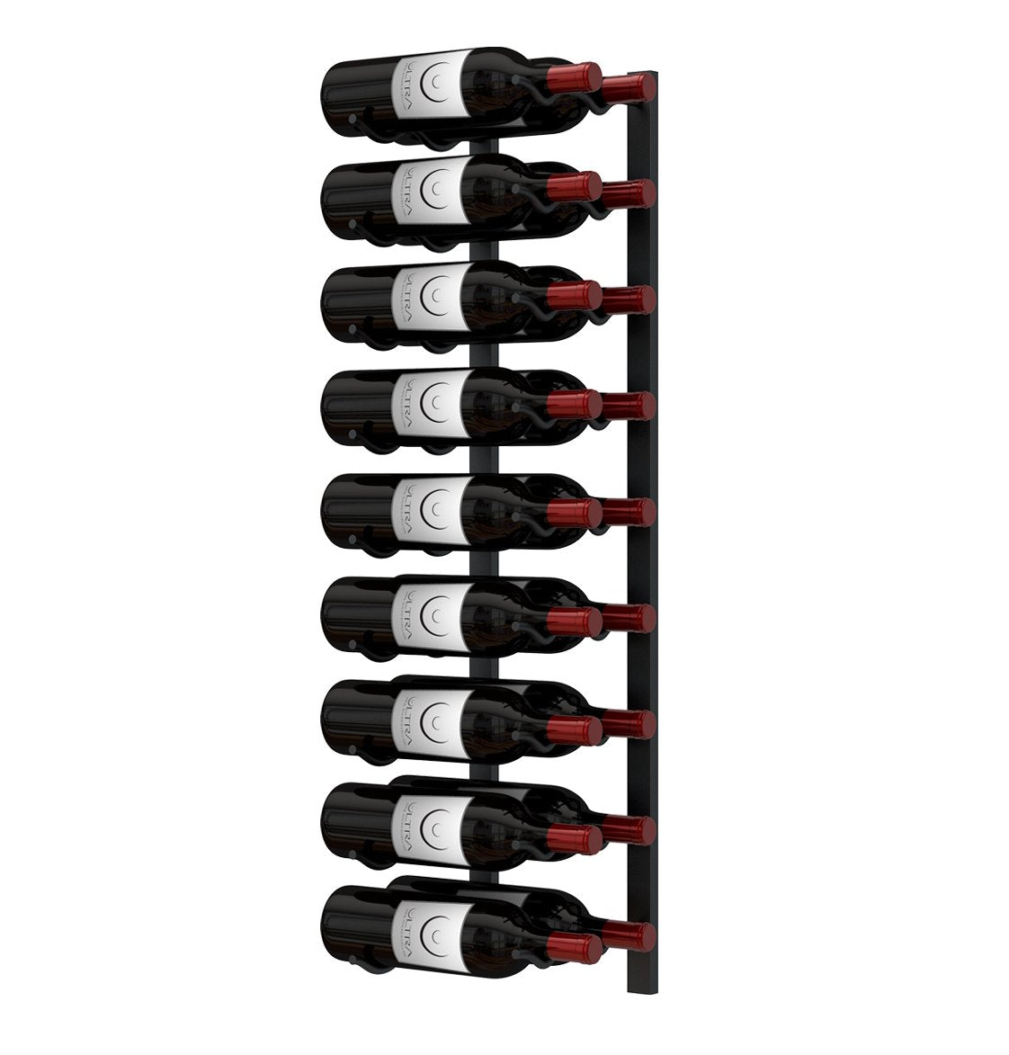 Wall-mounted metal wine rack with dark wine bottles and red corks, single-column display