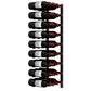 Wall-mounted metal wine rack with multiple wine bottles and red bottle supports