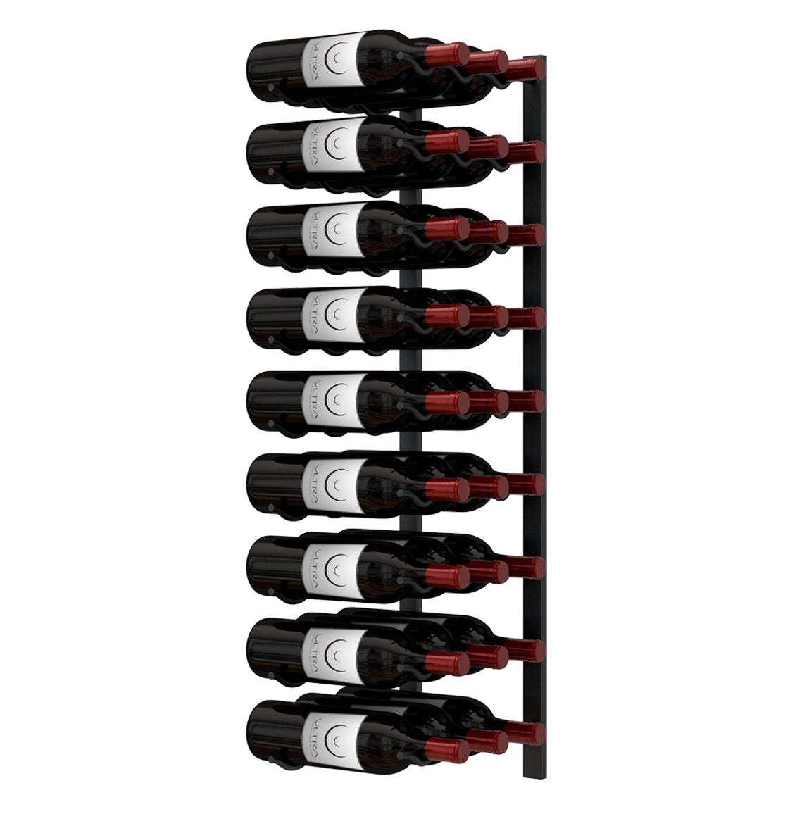 Wall-mounted metal wine rack with multiple wine bottles and red bottle supports