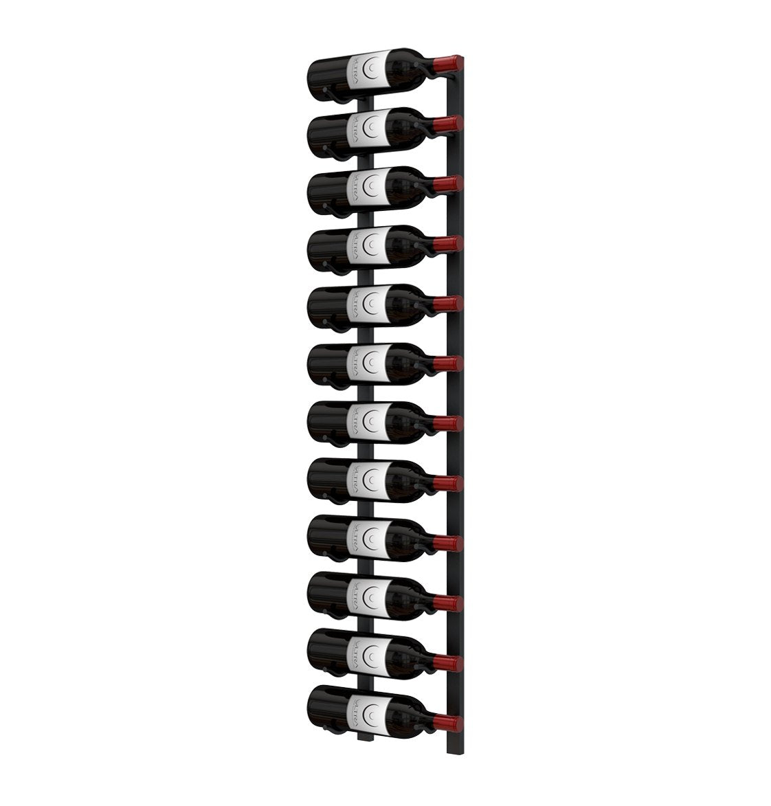 Vertical wall-mounted metal wine rack with multiple wine bottles and red bottle supports