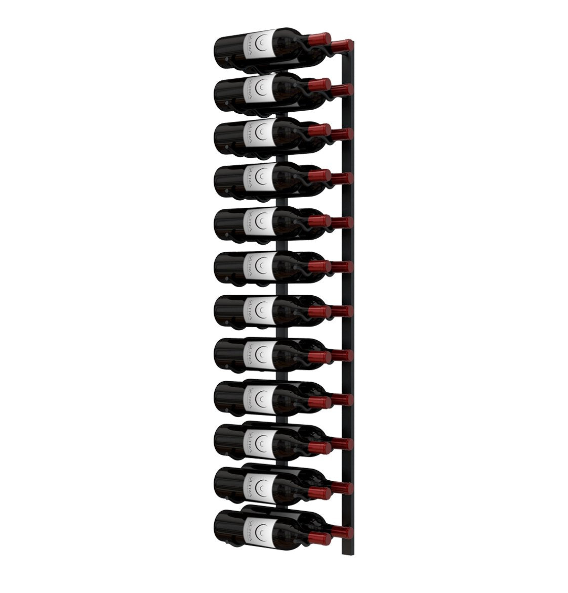 Wall-mounted metal wine rack with multiple wine bottles and red bottle supports
