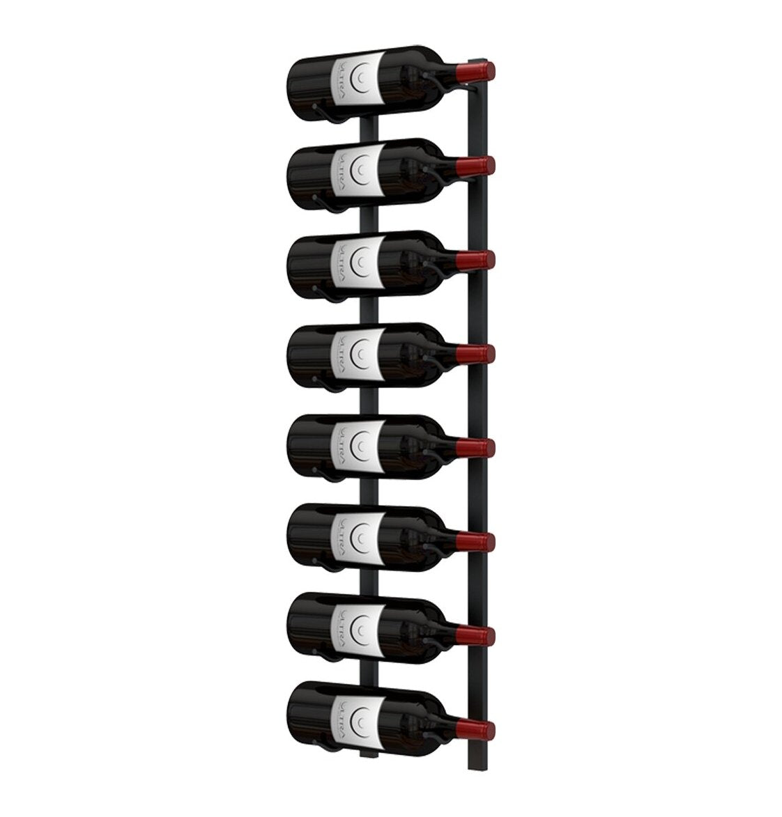 Wall-mounted wine rack with dark wine bottles and red bottle tips on black metal.