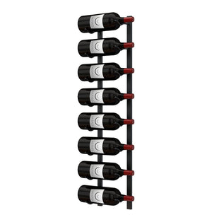 Wall-mounted wine rack with dark wine bottles and red bottle tips on black metal.