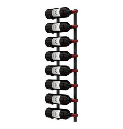 Wall-mounted wine rack with dark wine bottles and red bottle tips on black metal.