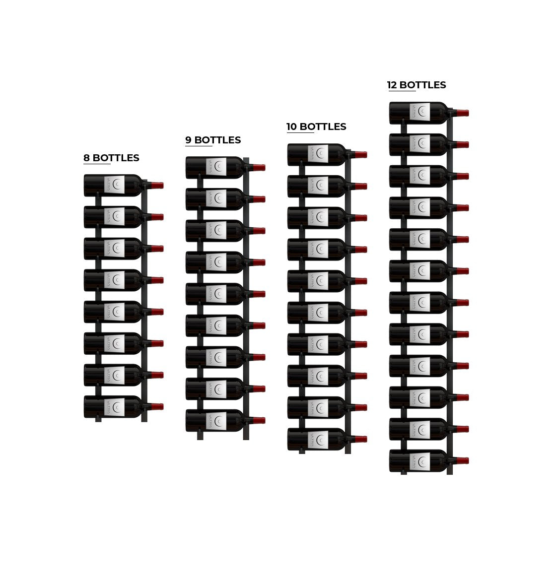 Wine racks shown for 8, 9, 10, and 12 bottle capacities on black frames.