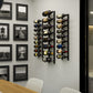 Wall-mounted wine rack with two rows of wine bottles on display