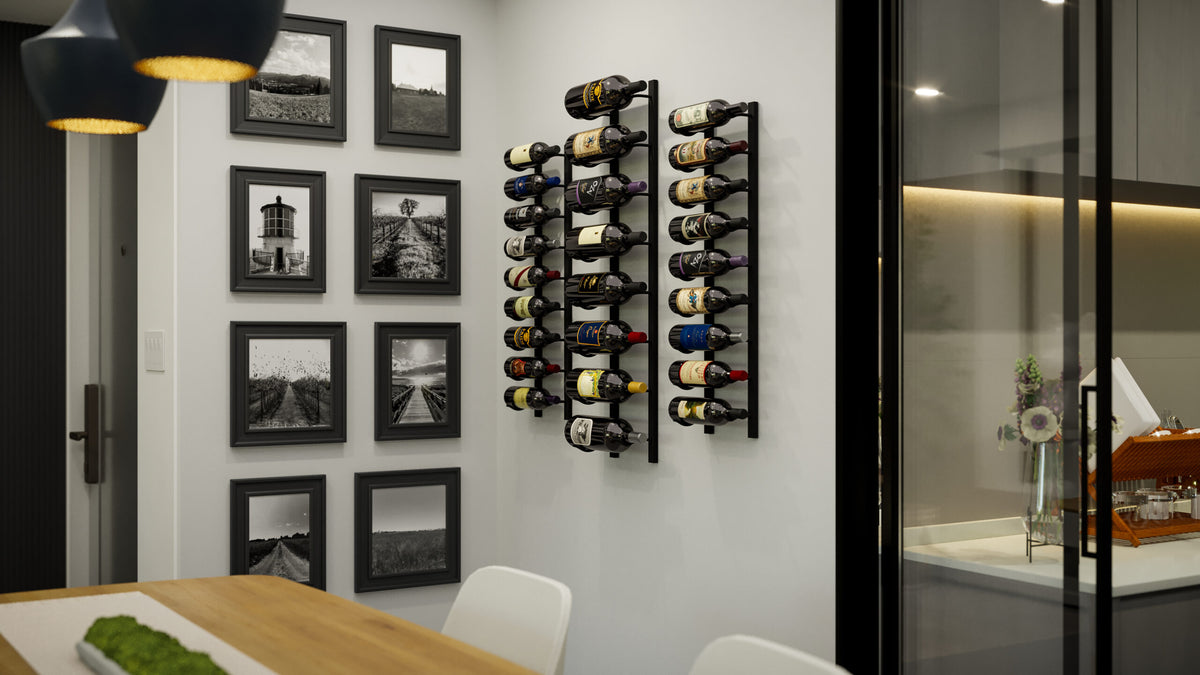 Wall-mounted wine rack with two rows of wine bottles on display