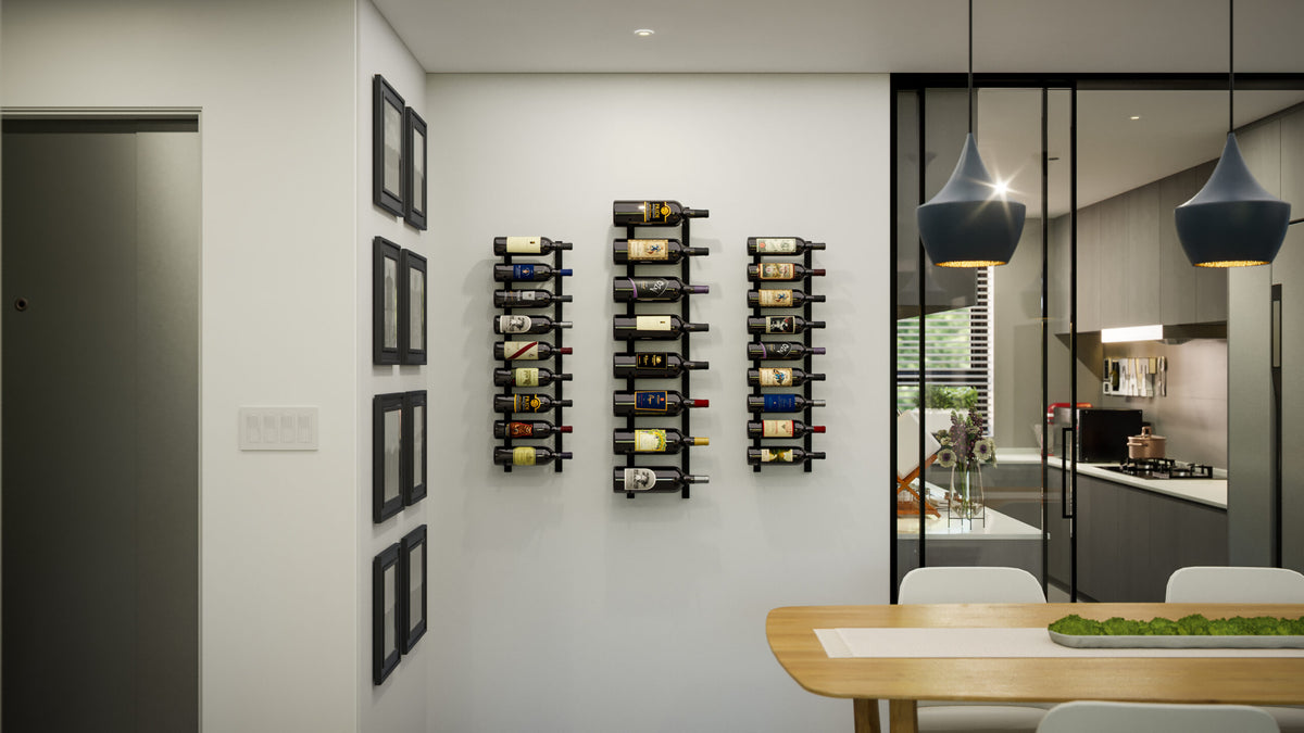 Wall-mounted wine rack display with multiple bottles on black frames.