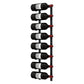 Wall-mounted wine rack holding dark wine bottles with red bottle tips on black frame.