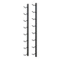 Wall-mounted wine rack with black metal side bars and curved bottle supports.