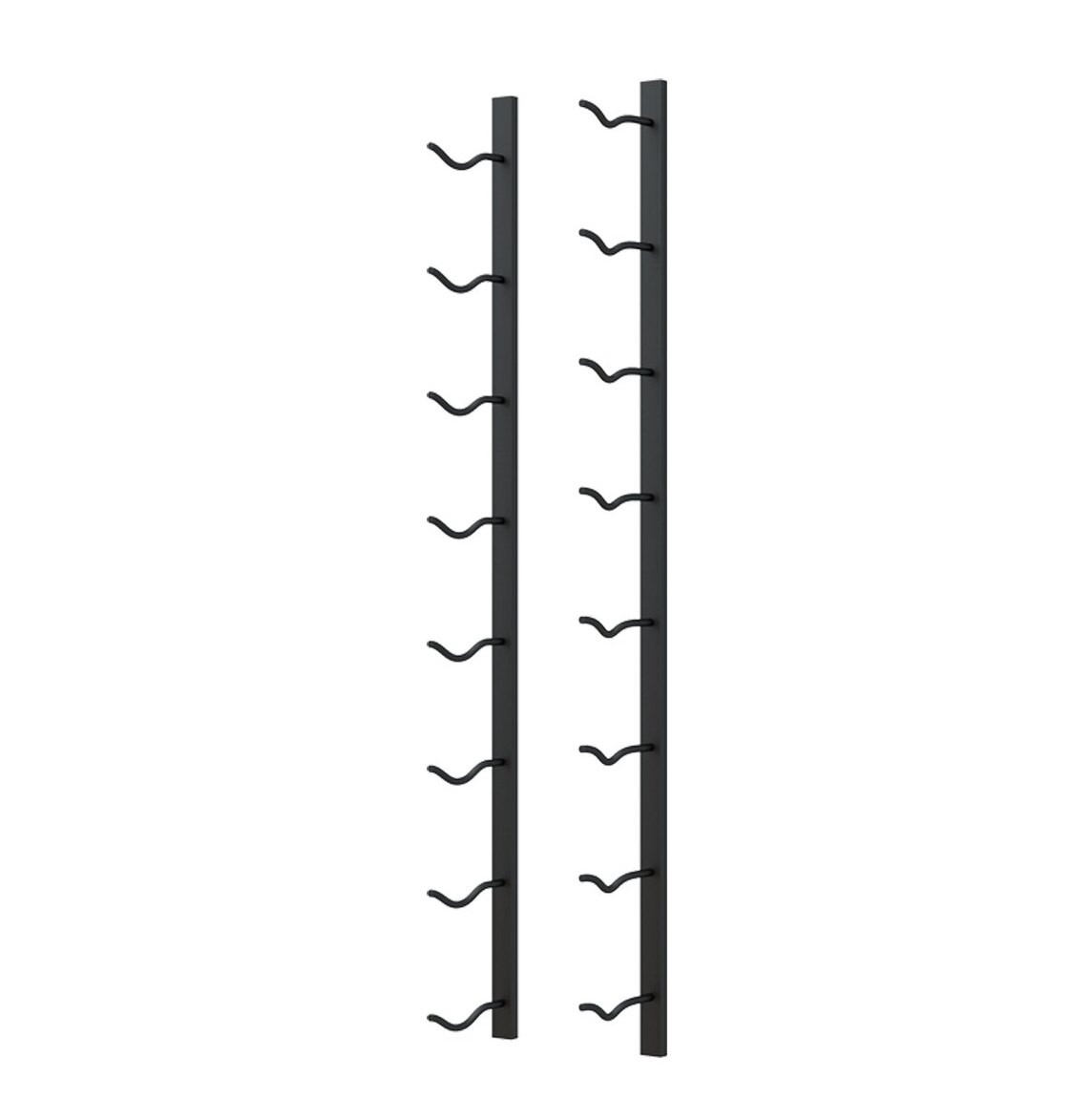 Wall-mounted wine rack with black metal side bars and curved bottle supports.