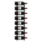 Wall-mounted wine rack with dark wine bottles and red bottle tips on black frame.