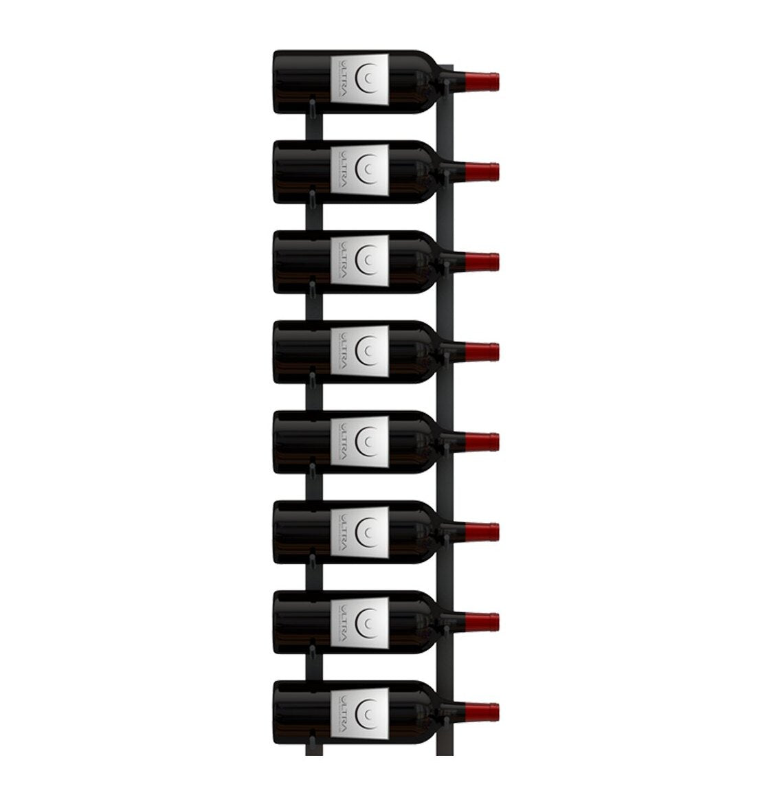Wall-mounted wine rack with dark wine bottles and red bottle tips on black frame.