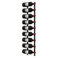 Wall-mounted wine rack holding dark wine bottles with red bottle tips on black frame.