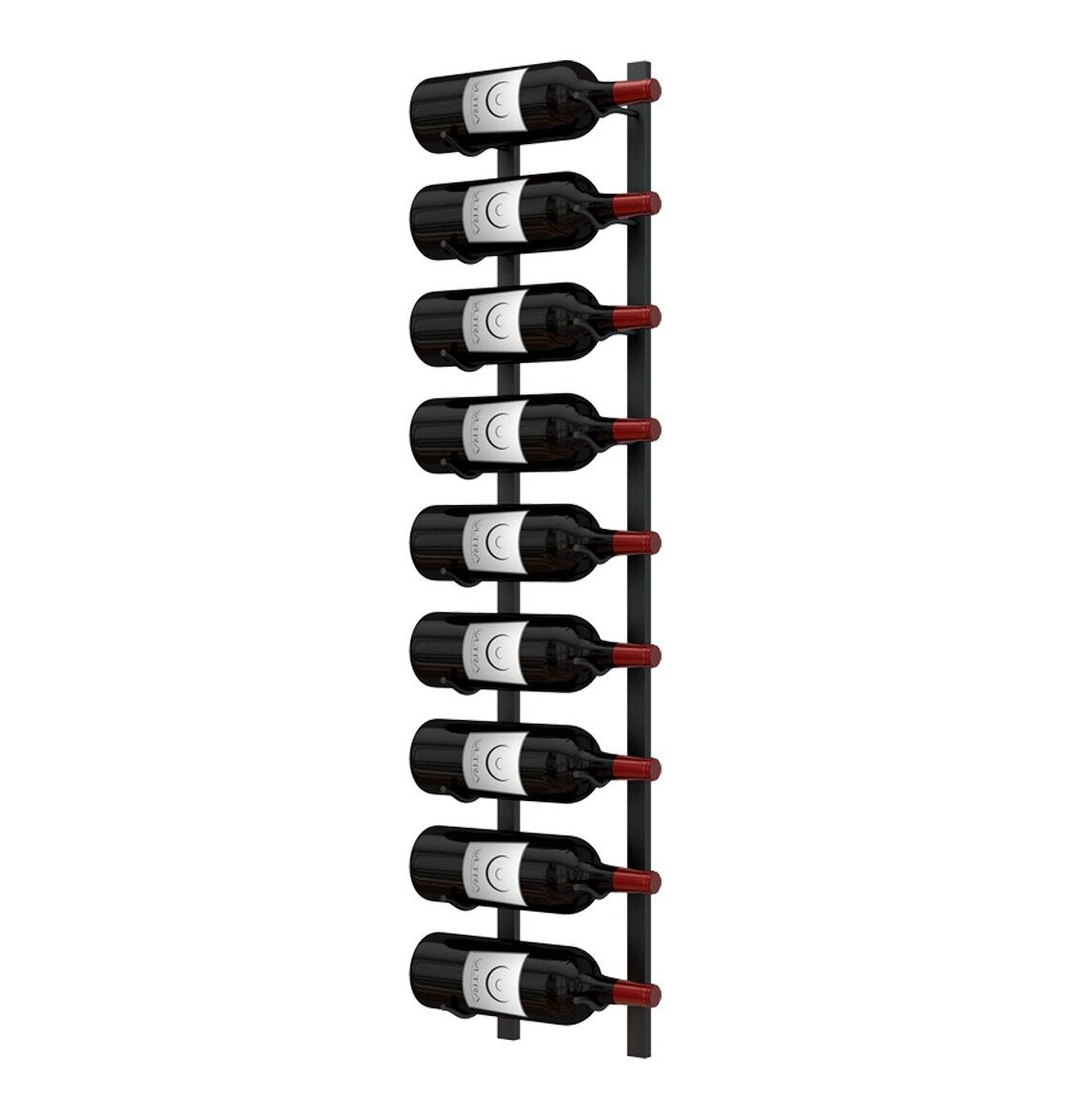 Wall-mounted wine rack holding dark wine bottles with red bottle tips on black frame.